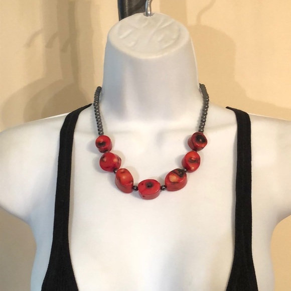 Hematite and Coral bead statement necklace boho - Picture 2 of 6